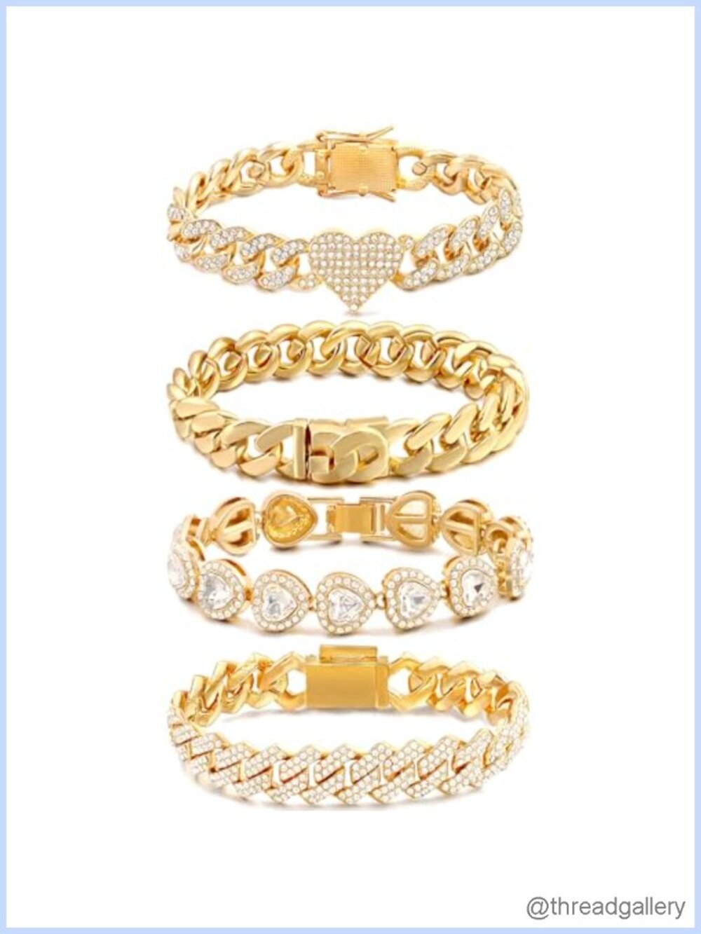4PC Gold Plated Bracelet Set Tennis Cuban Link Layered Women Jewelry 8in
